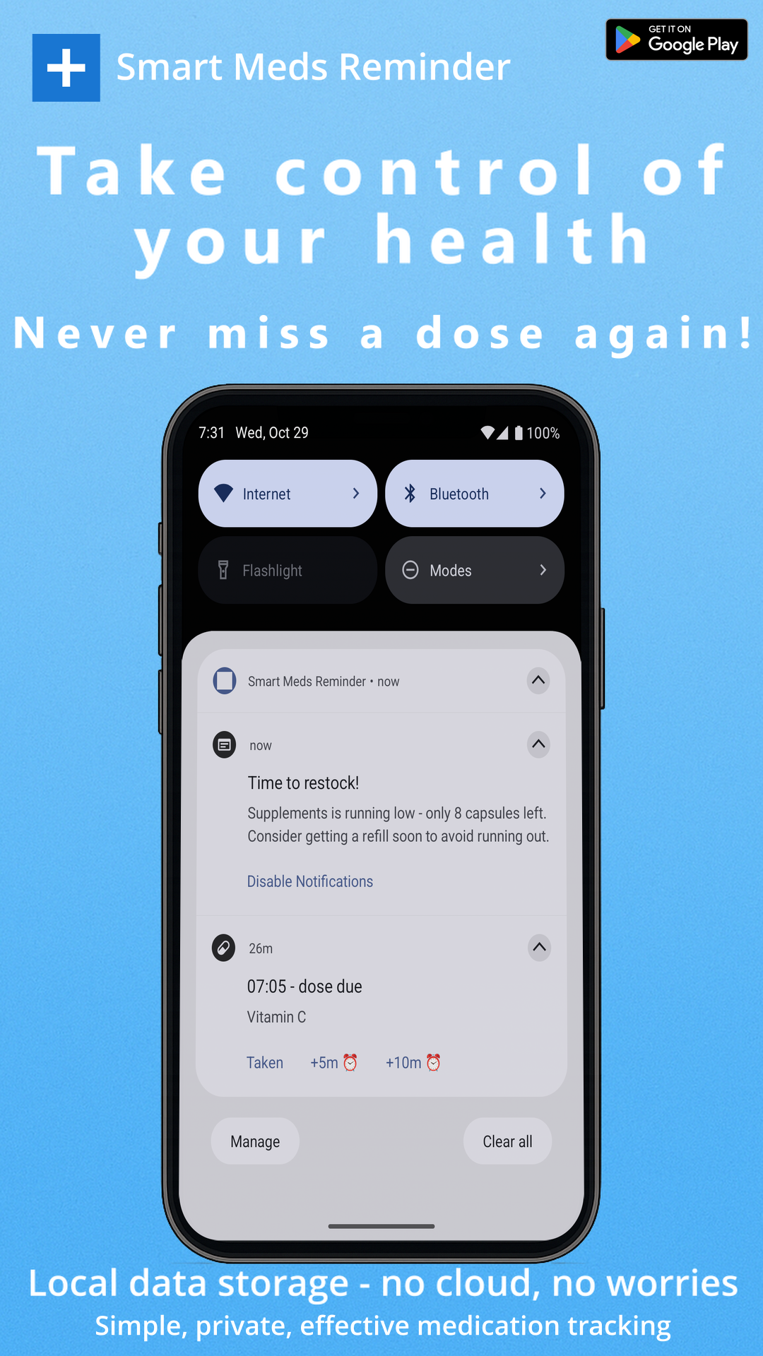 Take control of your health. Never miss a dose again! Smart Meds Reminder showing medication reminders and notifications on mobile phone