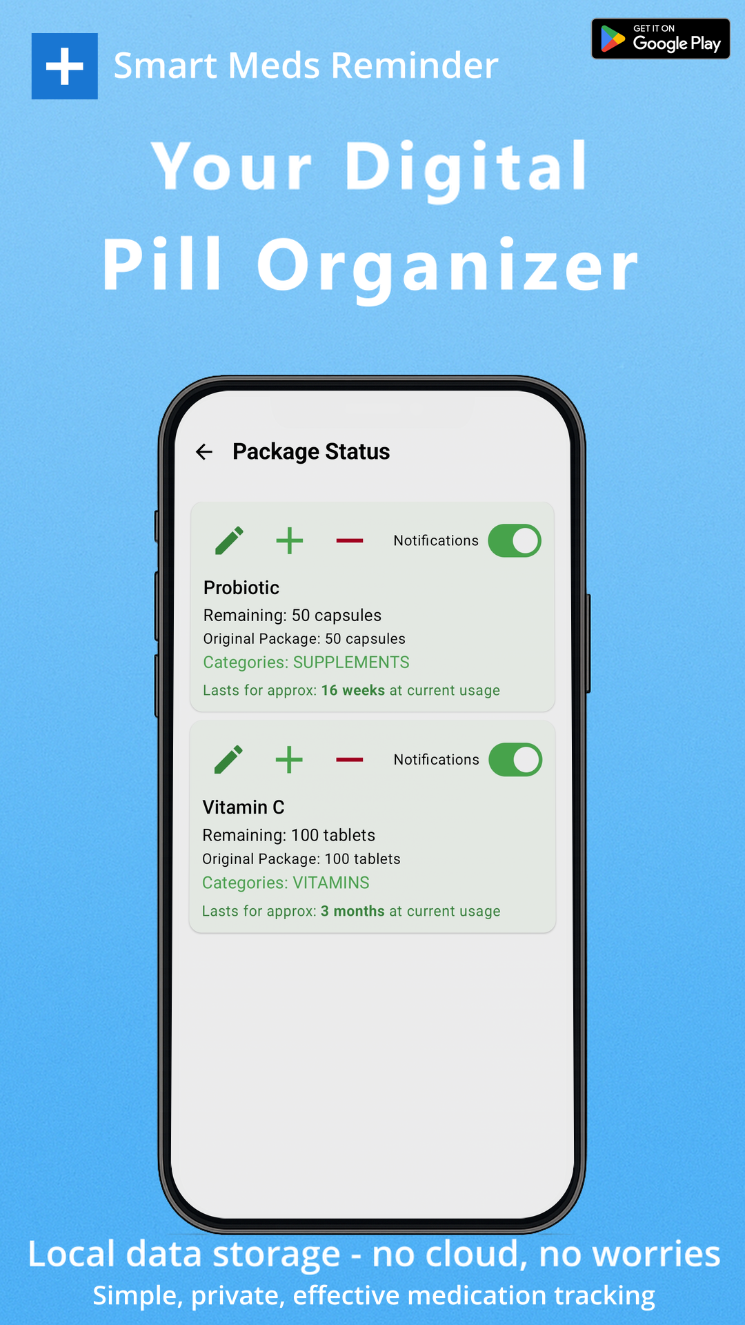 Your Digital Pill Organizer - Smart Meds Reminder package status screen showing medication inventory management